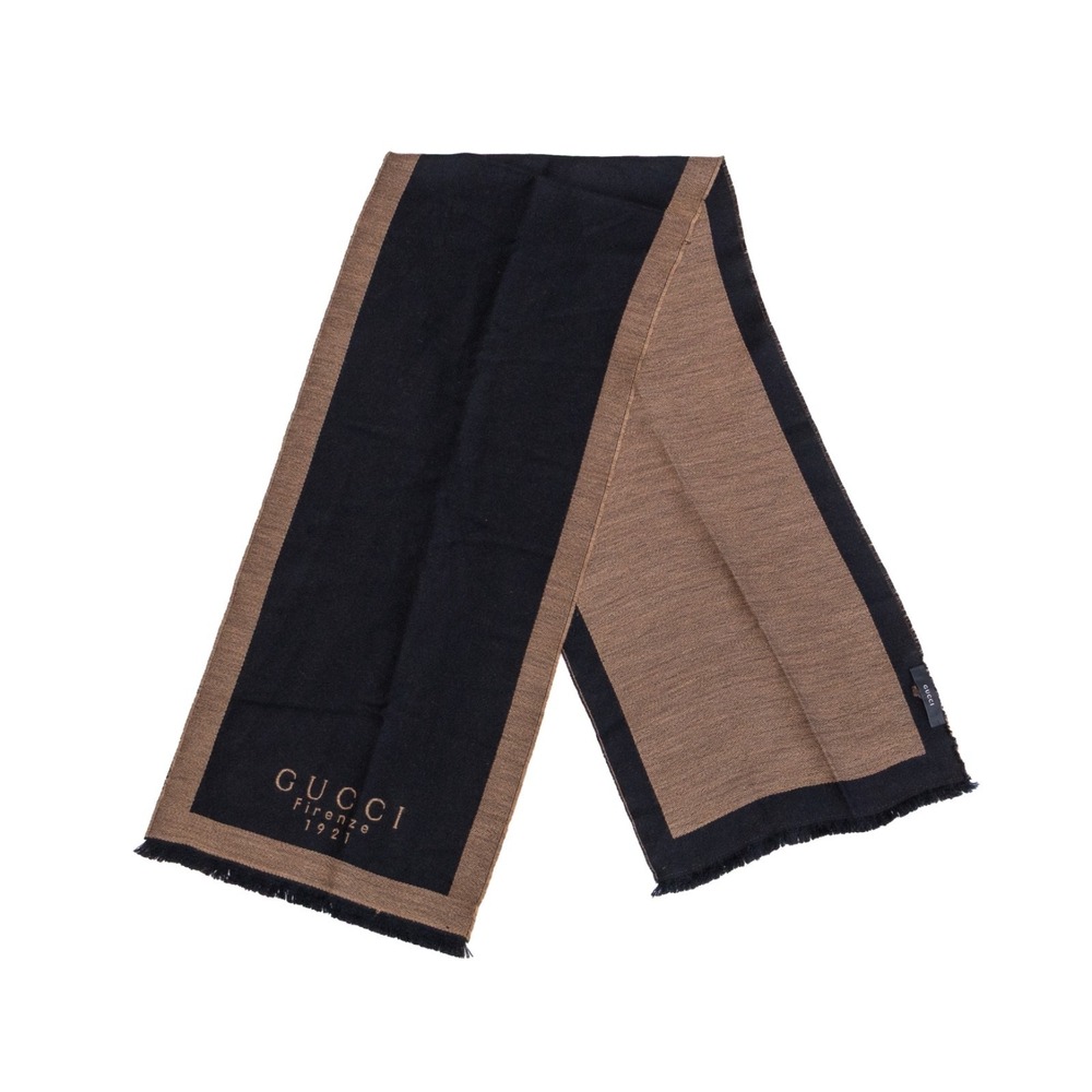 Gucci Firenze 1921 Wool Scarf Black Brown‎ Logo Fringe 172x36cm